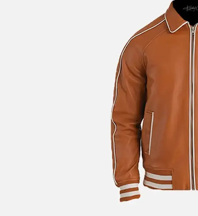 Men's Tan Brown Leather Varsity Jacket