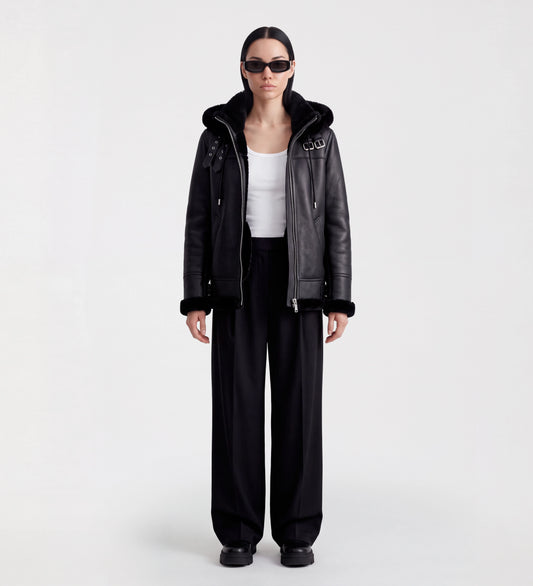 Women Black Leather Hooded Shearling Jacket