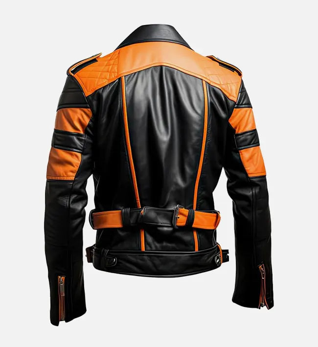 Men’s Stylish Orange Black Biker Leather Jacket