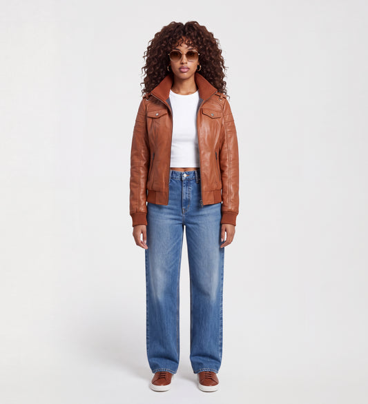 Women Brown Leather Bomber Jacket