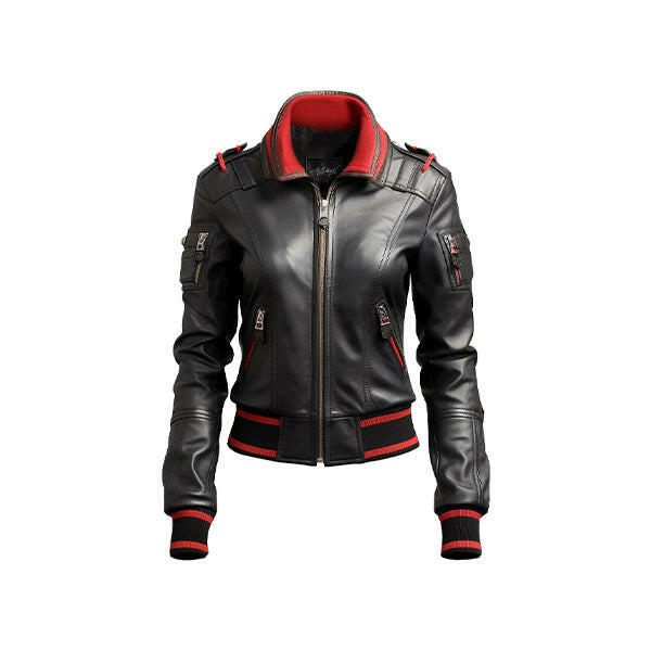 Women's Black & Red Bomber Leather Jacket