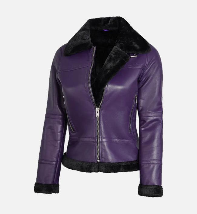 Women's Purple Shearling Leather Bomber Jacket