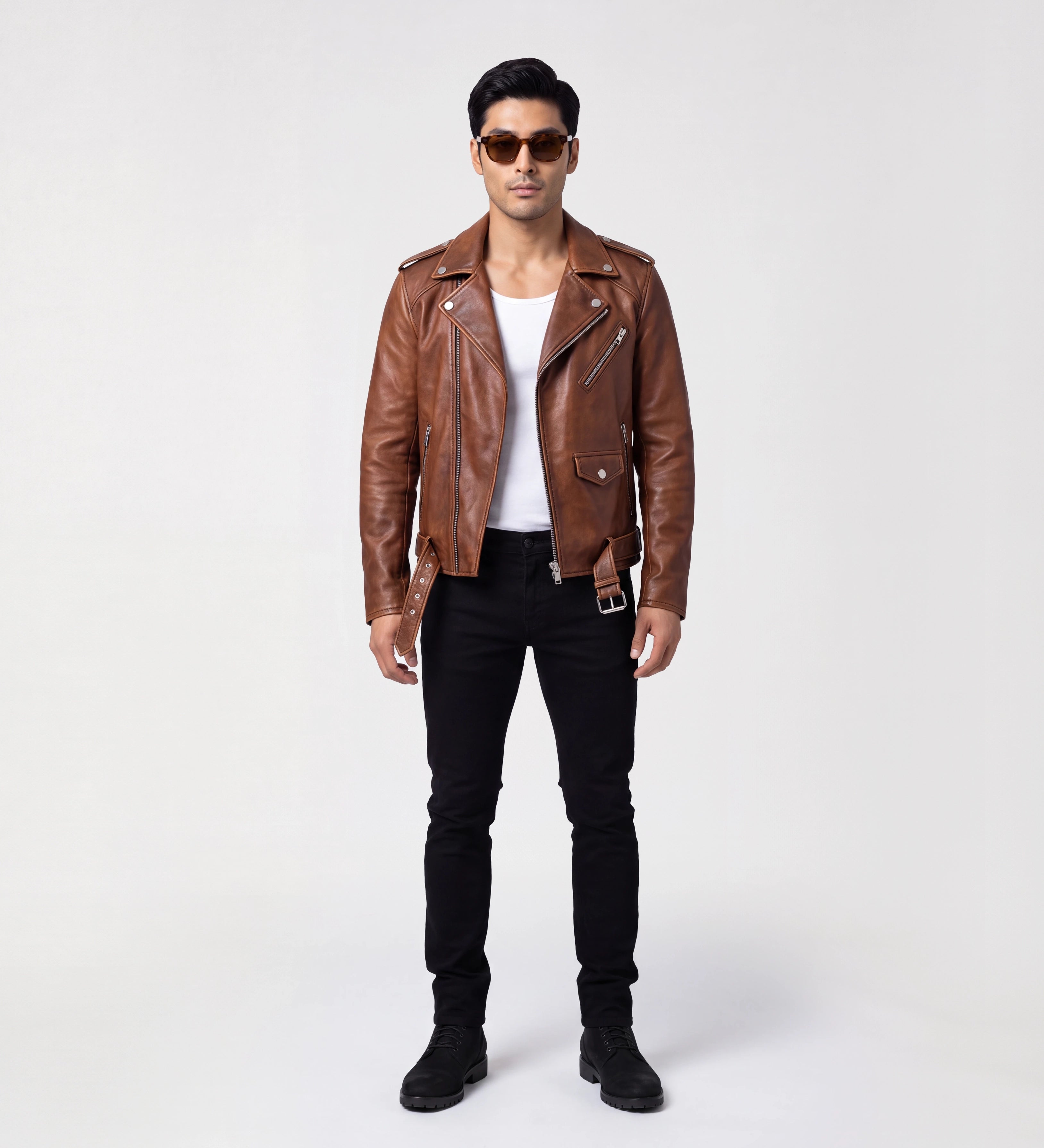 Men Vintage Biker Brown Leather Jacket