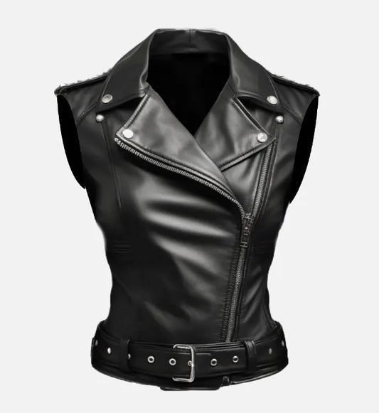 Women's Black Stylish Biker Style Leather Vest