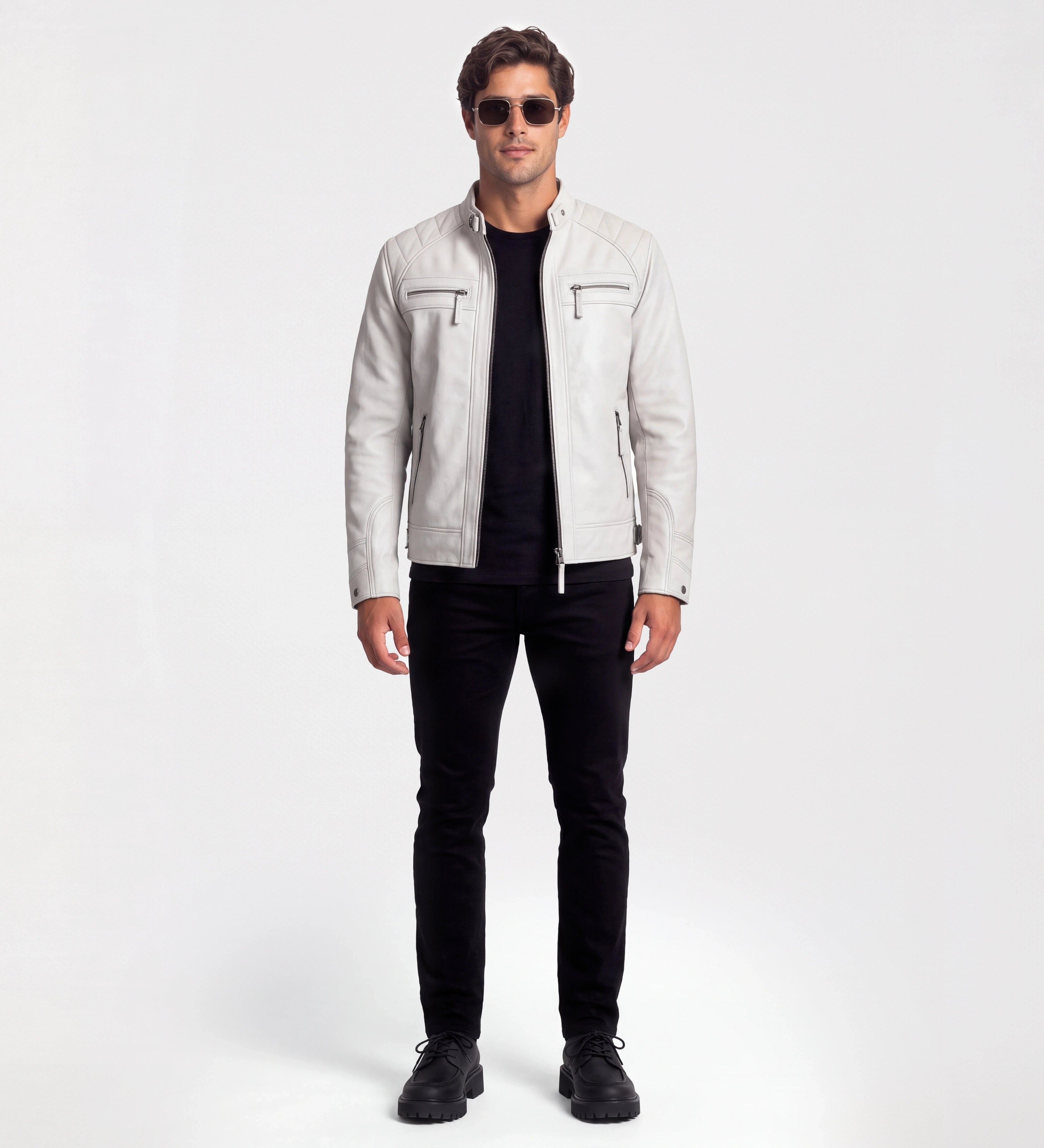 Mens Classic White Leather Cafe Racer Jacket