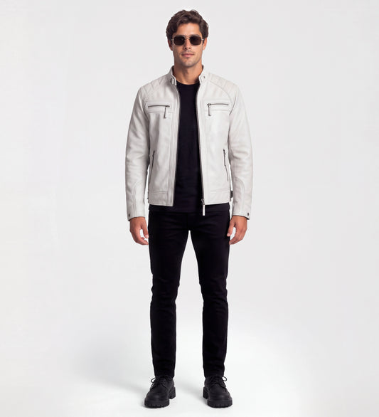 Mens Classic White Leather Cafe Racer Jacket