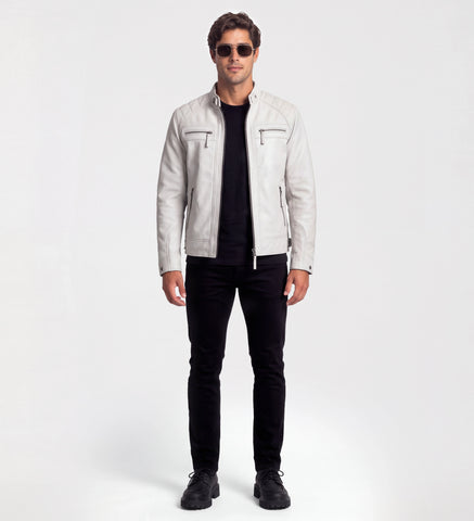 Mens Classic White Leather Cafe Racer Jacket