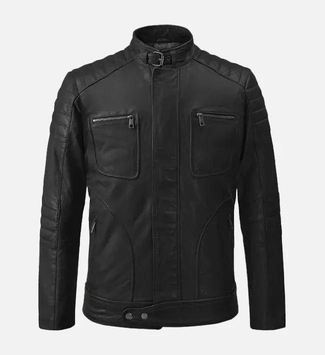 Men’s Quilted Shoulder Black Cafe Racer Leather Jacket