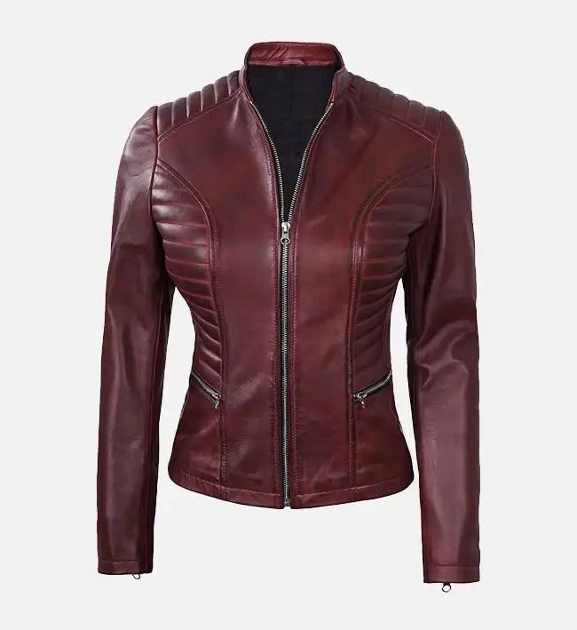 womens maroon leather cafe racer jacket