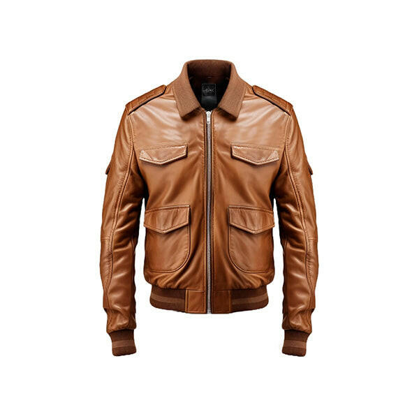 Men's Brown Strap Pockets Bomber Leather Jacket