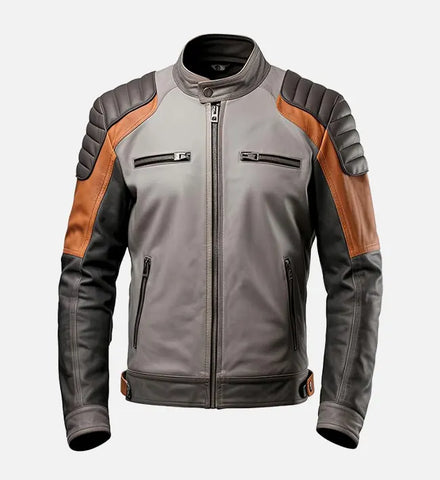 Men’s Grey Brown Motorbike Rider Leather Jacket