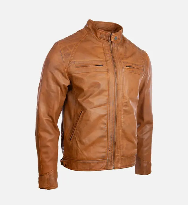 Men’s Quilted Shoulder Tan Cafe Racer Leather Jacket