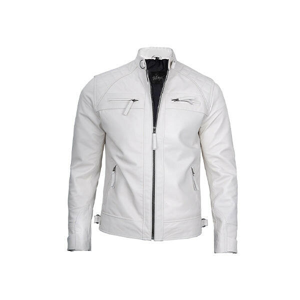 Men's Classic White Leather Cafe Racer Jacket