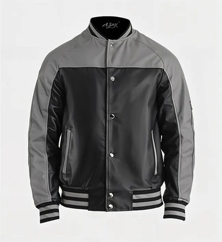 Men’s Grey Black Leather Varsity Jacket