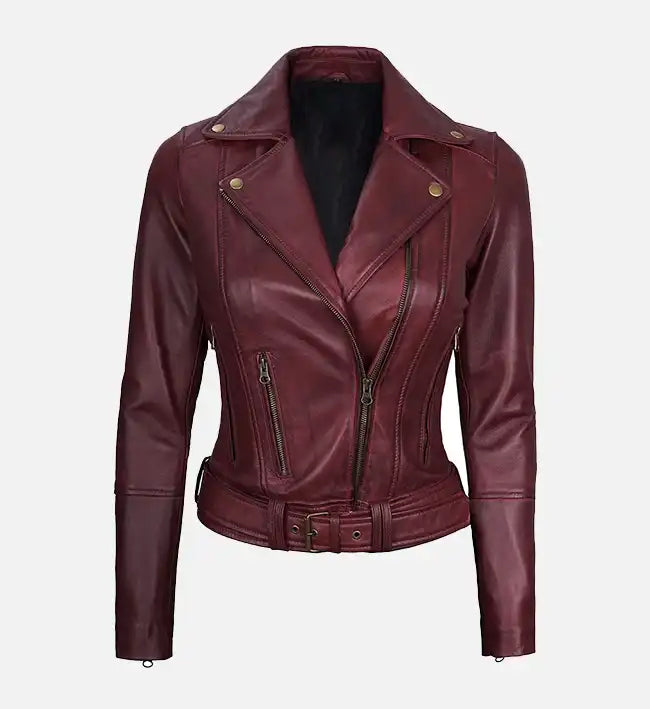 Women's Asymmetrical  Motorcycle Maroon Leather Jacket