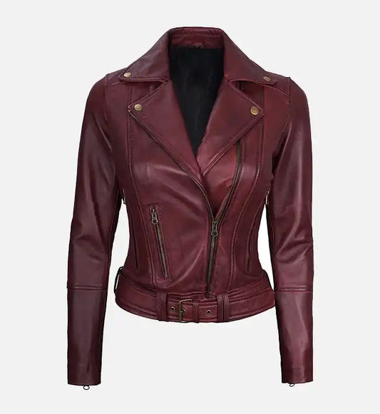 Women's Asymmetrical  Motorcycle Maroon Leather Jacket