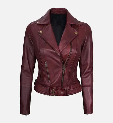 Women's Maroon Leather Asymmetrical Motorcycle Jacket