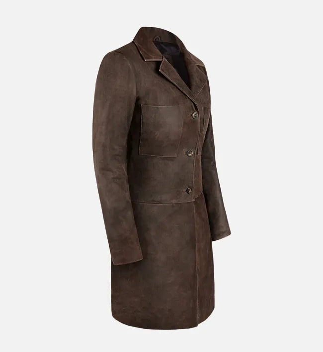 Women's Distressed Brown Leather Trench Coat