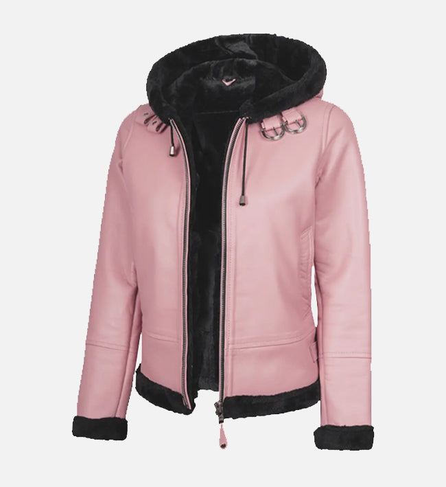 Women's Pink Leather Hooded Shearling Jacket