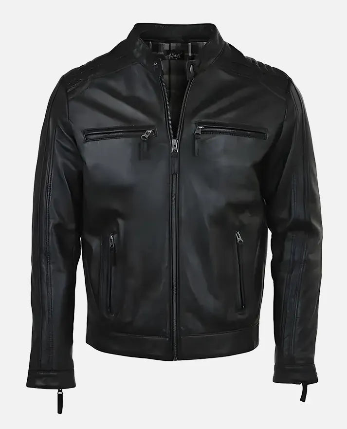 Men’s Quilted Shoulder Black Cafe Racer Leather Jacket