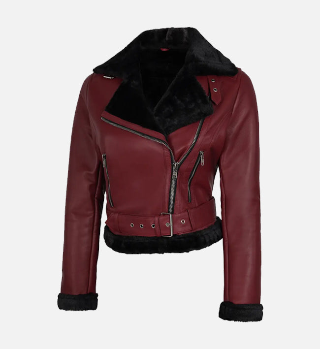 Women's Maroon and Black Biker Shearling Leather Jacket