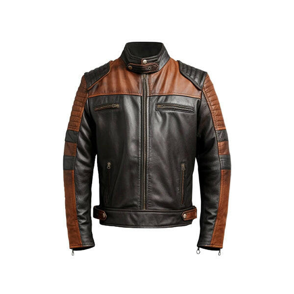Men's Brown Black Cafe Racer Leather Jacket