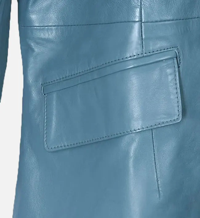 Women's Sapphire Blue Leather Long Coat