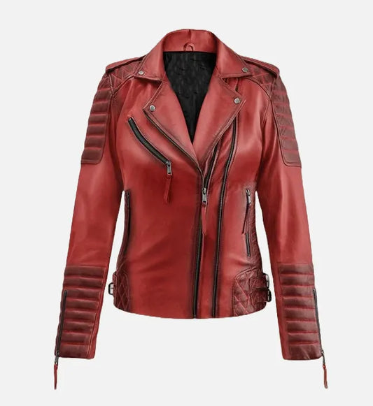 Women's Burnt Red Biker Leather Jacket