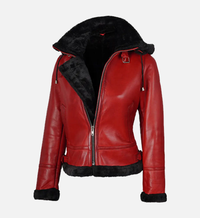 Women's Red Bomber Shearling Leather Jacket with Hood