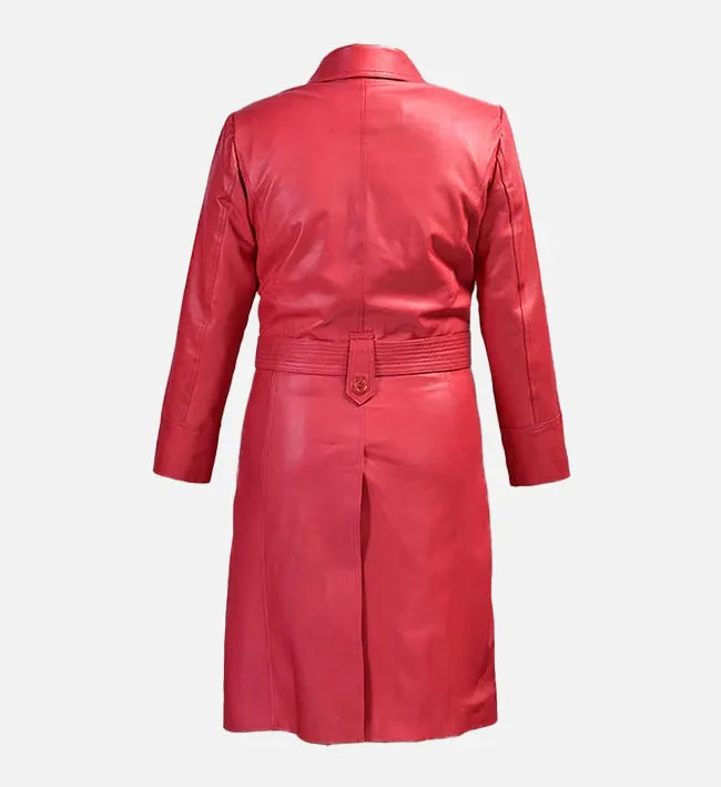 Women's Raspberry Red Leather Long Coat