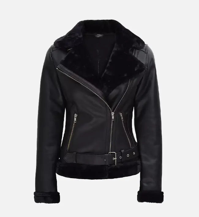 Women's Black Leather Shearling Moto Jacket