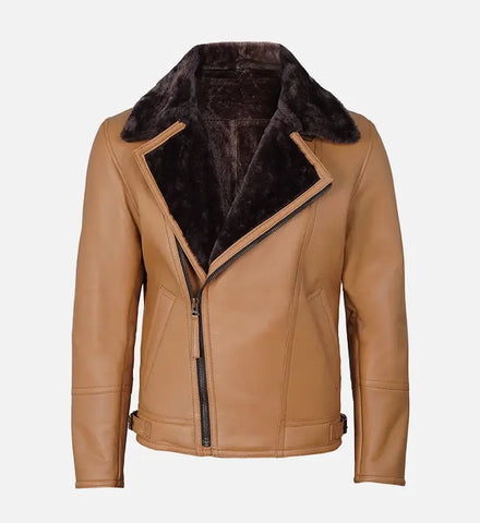 Men's Camel Brown Shearling Leather Moto Jacket