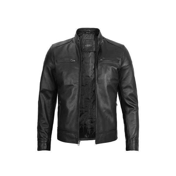 Men's Black Leather Jacket with Removable Hood