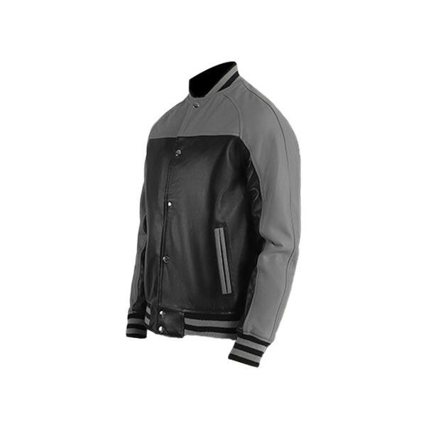 Men's Grey & Black Leather Varsity Jacket