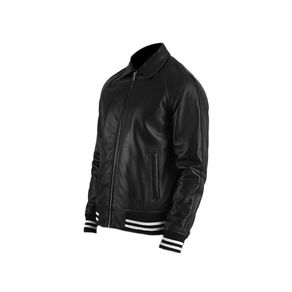 Men's Black Leather Plain Varsity Jacket