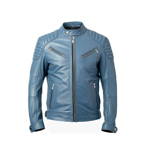 Men's Blue Cafe Racer Leather Jacket - AU LeatherX