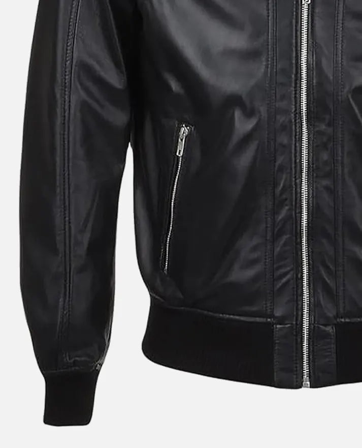 Men’s Snap Double Button Collar Black Leather Bomber Jacket