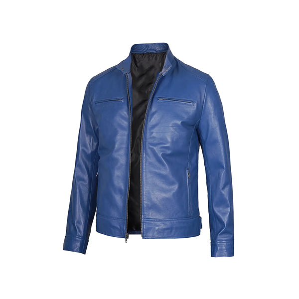 Stylish Slim Fit Men’s Blue Leather Jacket