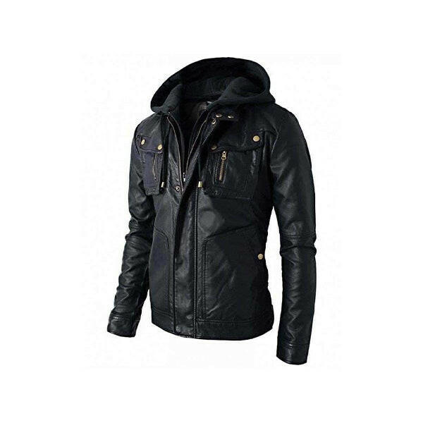 Men's Detachable Hoodie Black Biker Leather Jacket