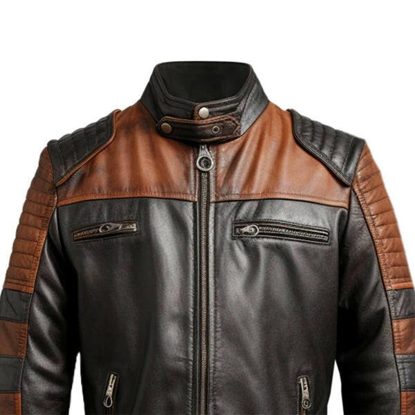 Men's Brown Black Cafe Racer Leather Jacket