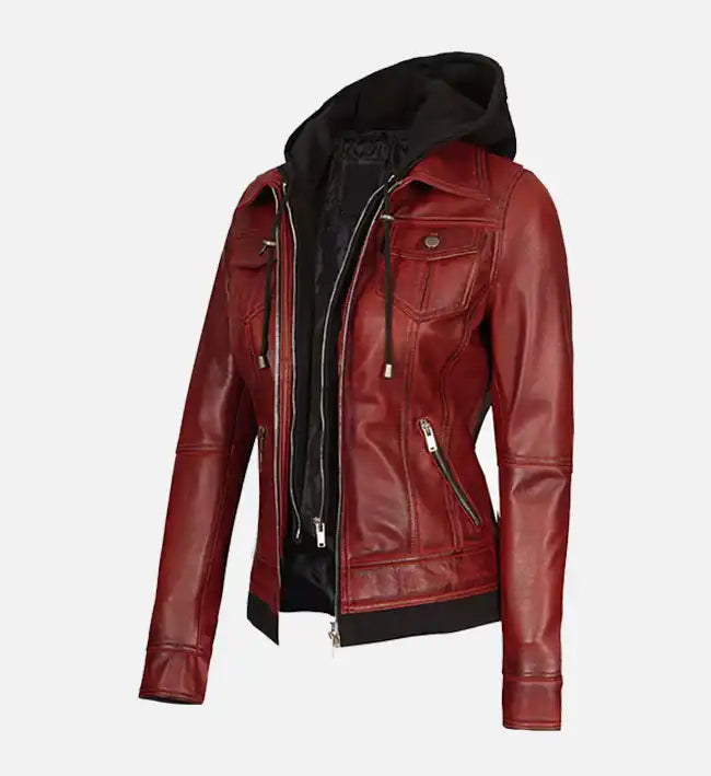 Women's Maroon Leather Jacket With Removable Hood