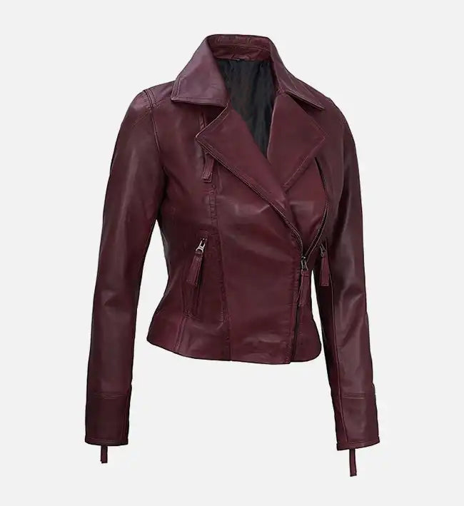 womens biker maroon asymmetrical leather jacket