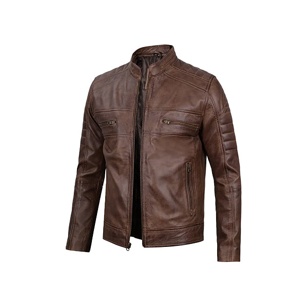 Men's Distressed Coffee Brown  Cafe Racer Leather Jacket