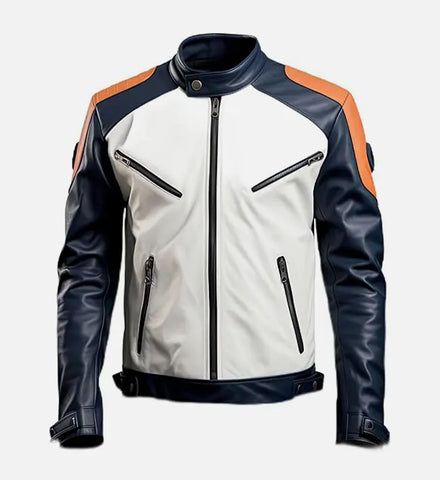 Men’s White Blue Cafe Racer Leather Jacket