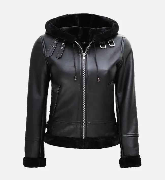 Women's Black Leather Hooded Shearling Jacket