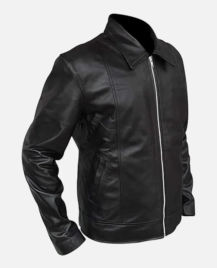 Men’s Vintage Shirt Collar Black Leather Jacket