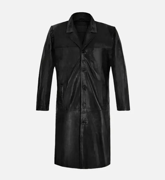 Men's Black Leather Long Trench Coat