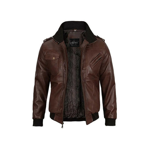 Men's Dark Brown Leather Bomber Jacket With Hood
