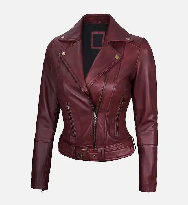 Women's Maroon Leather Asymmetrical Motorcycle Jacket