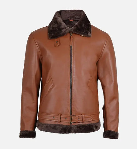 Men's Cognac Leather Shearling Bomber Jacket